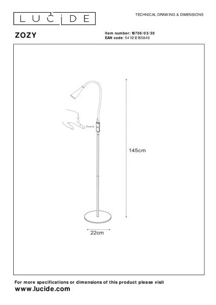 Lucide ZOZY - Floor reading lamp - LED Dim. - 1x4W 3000K - 3 StepDim - Black - technical